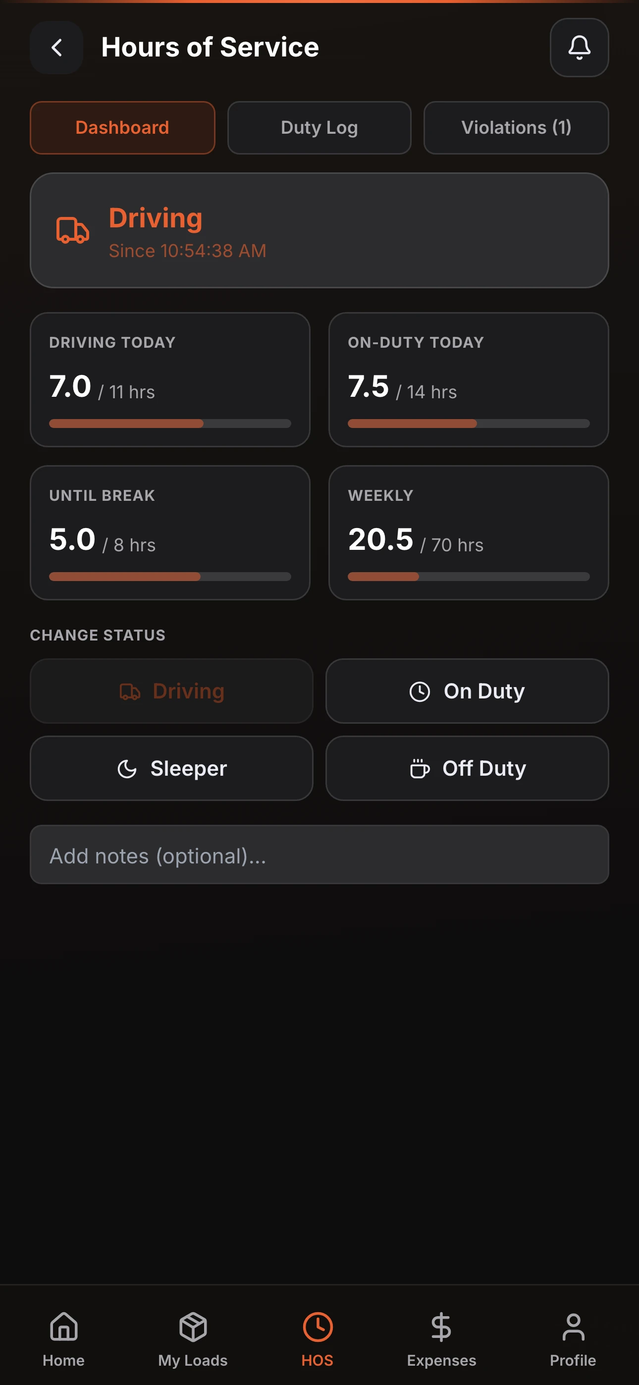 Hours of service: driving, on-duty and weekly limits with status buttons