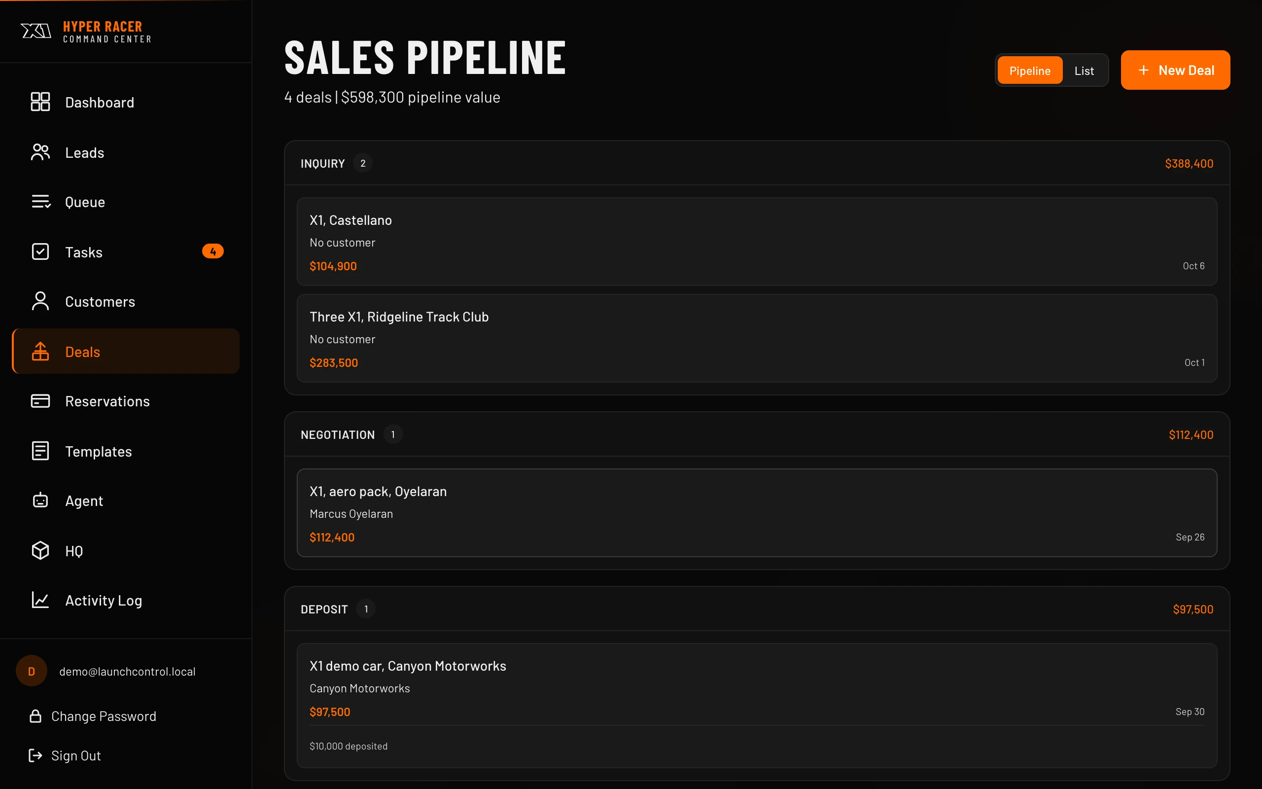 Sales pipeline board: deals by stage from inquiry to deposit with their values