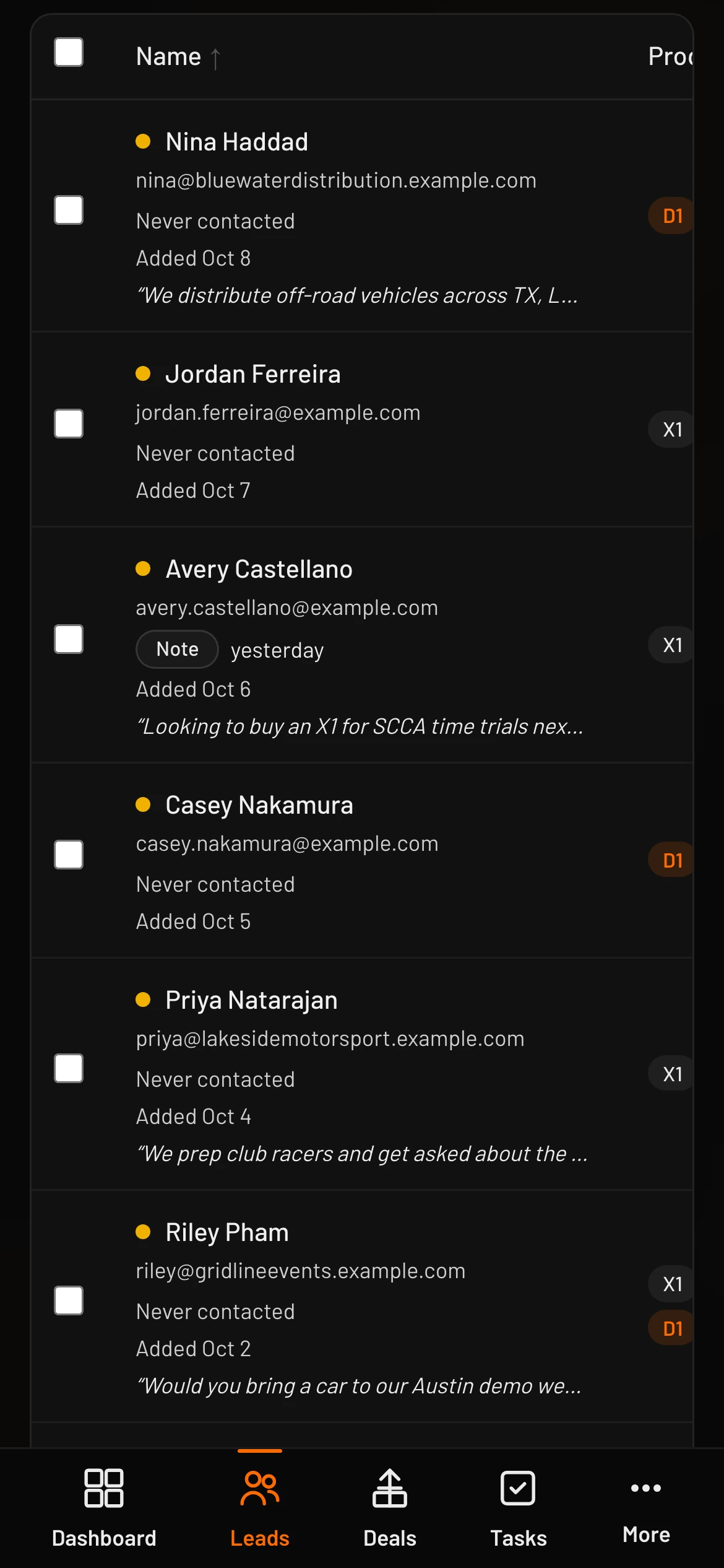 The leads list on a phone