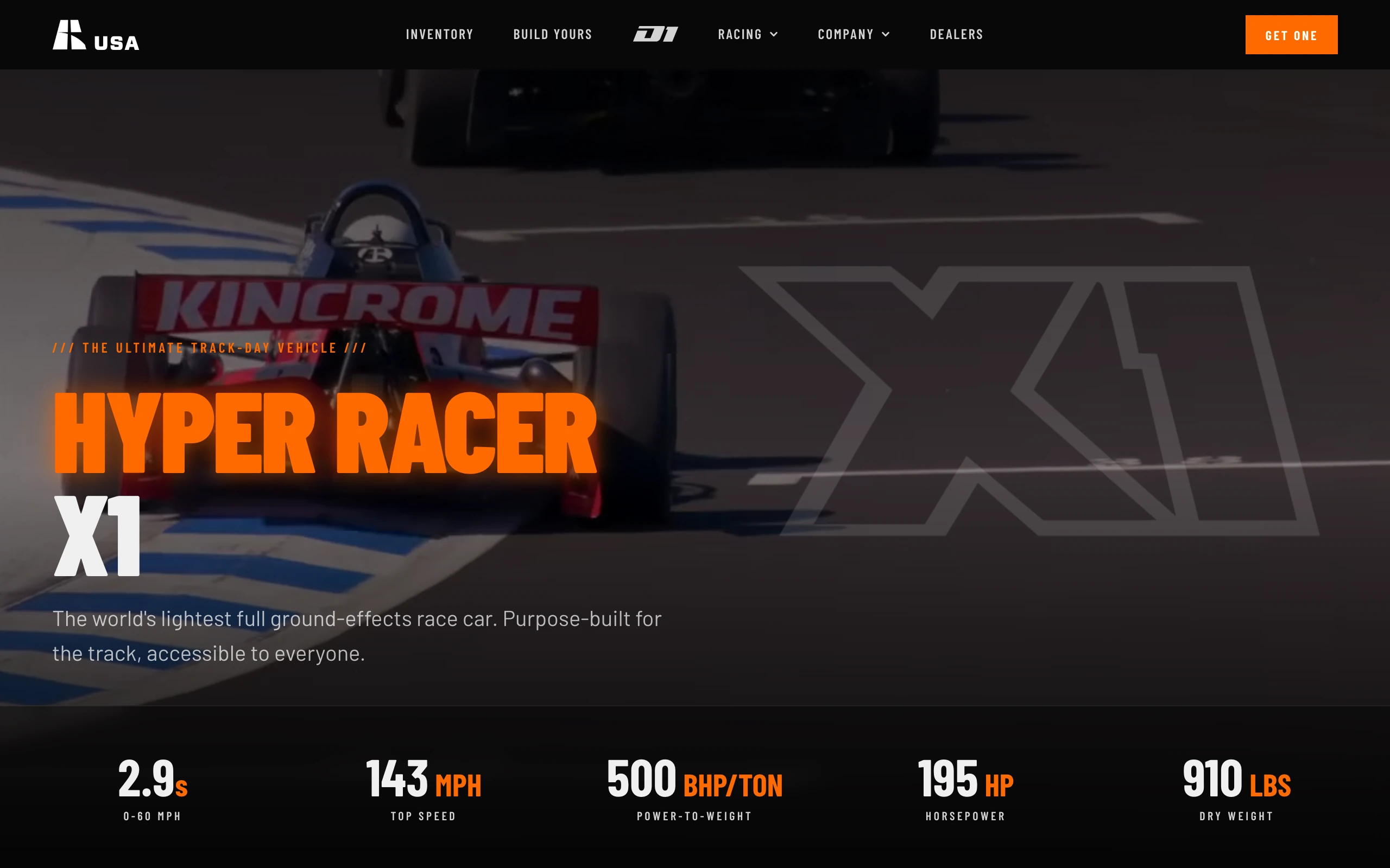 Hyper Racer USA home page: the X1 race car with its headline specs